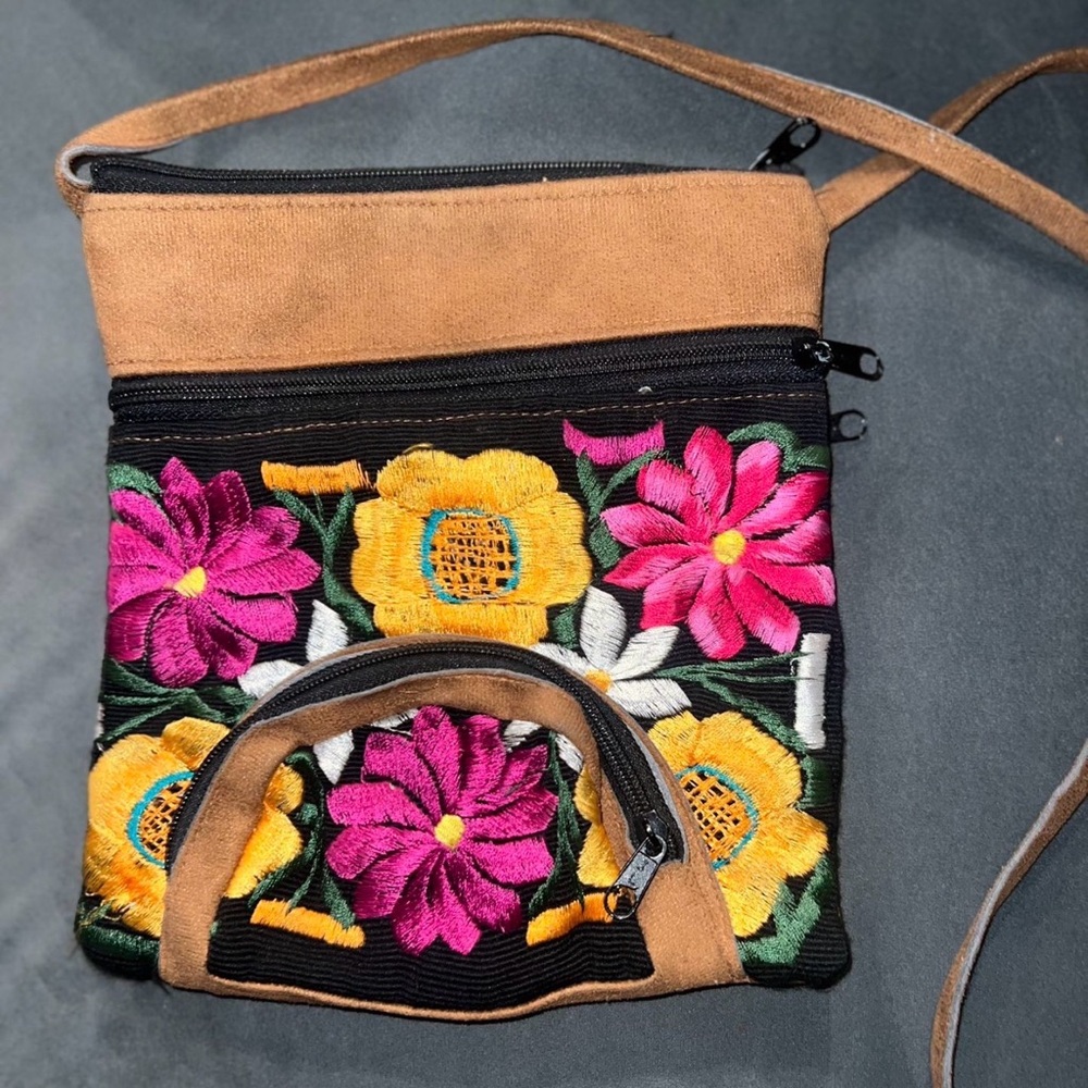 Floral Embroidered Crossbody Bag - Black and Brown